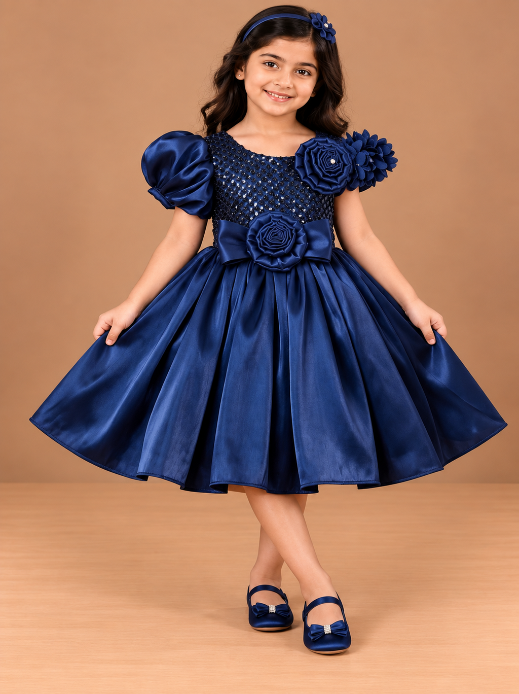 Girls Navy Blue Satin Sequin Party Frock with Puff Sleeve