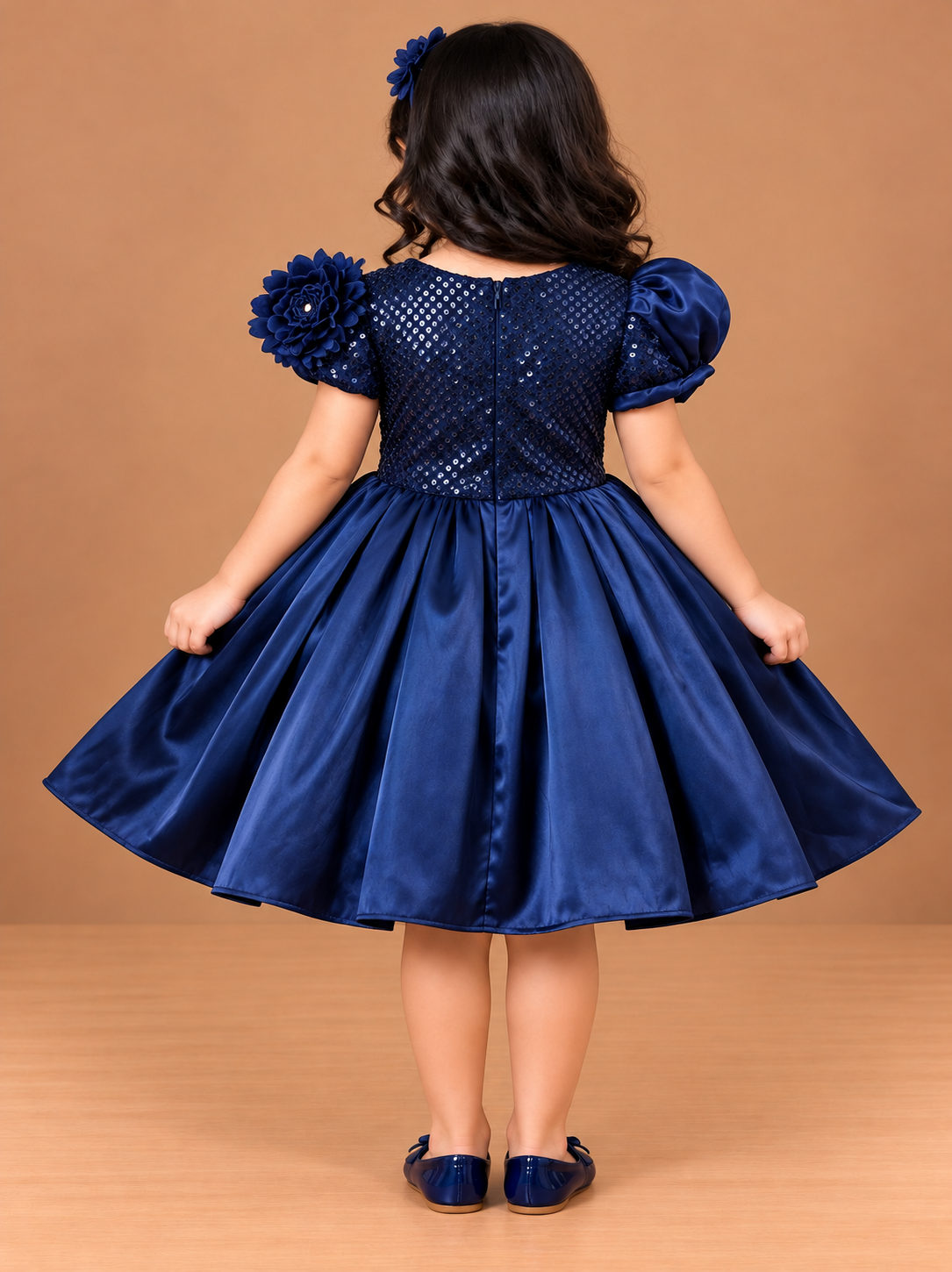 Girls Navy Blue Satin Sequin Party Frock with Puff Sleeve