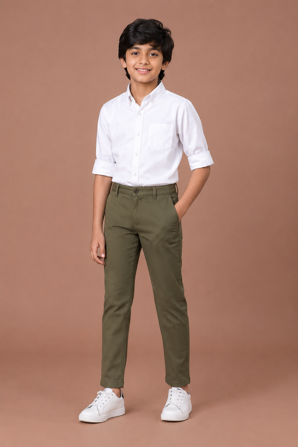 Boys Olive Cotton Casual Pant