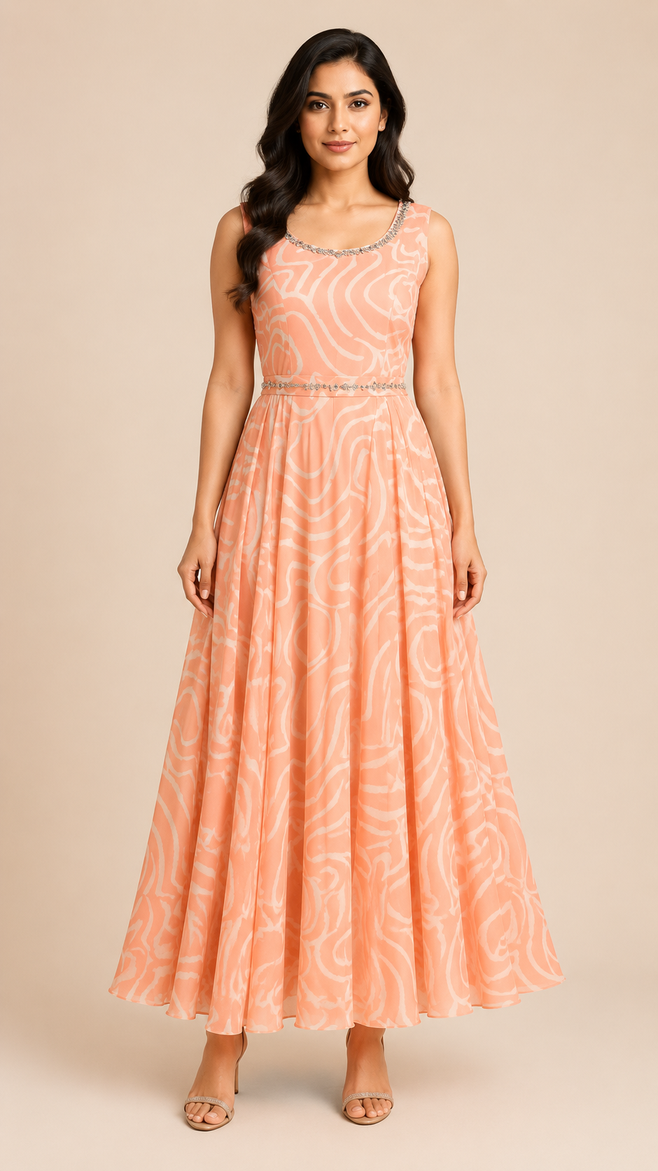 Women's Peach Solid Long Maxi Dress