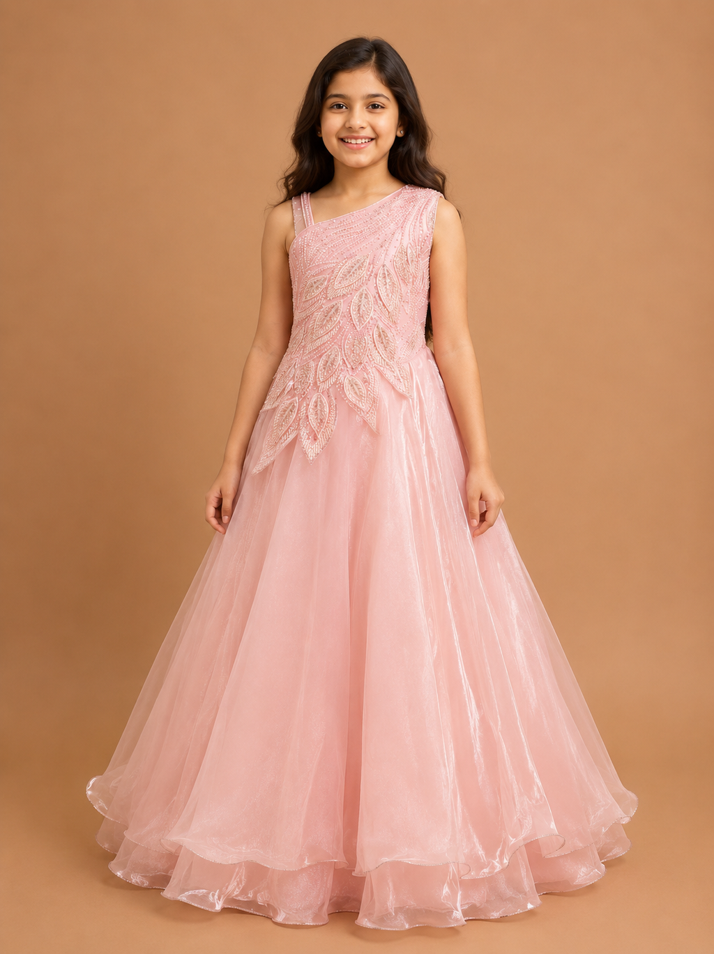 Girls Peach Party Wear Long Frock