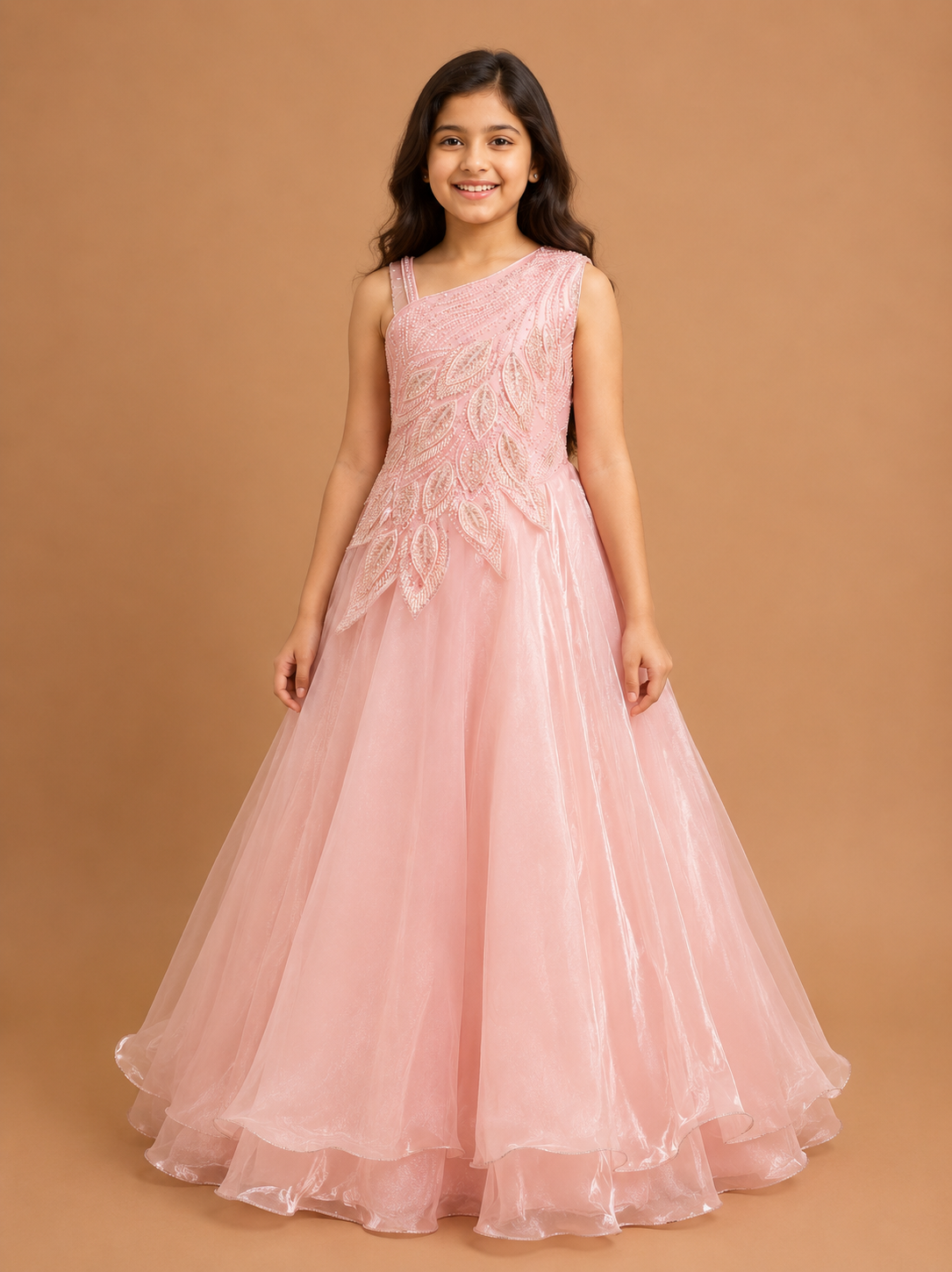 Girls Peach Party Wear Long Frock