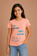 Girls Peach Cotton Round Neck Printed T-Shirt
