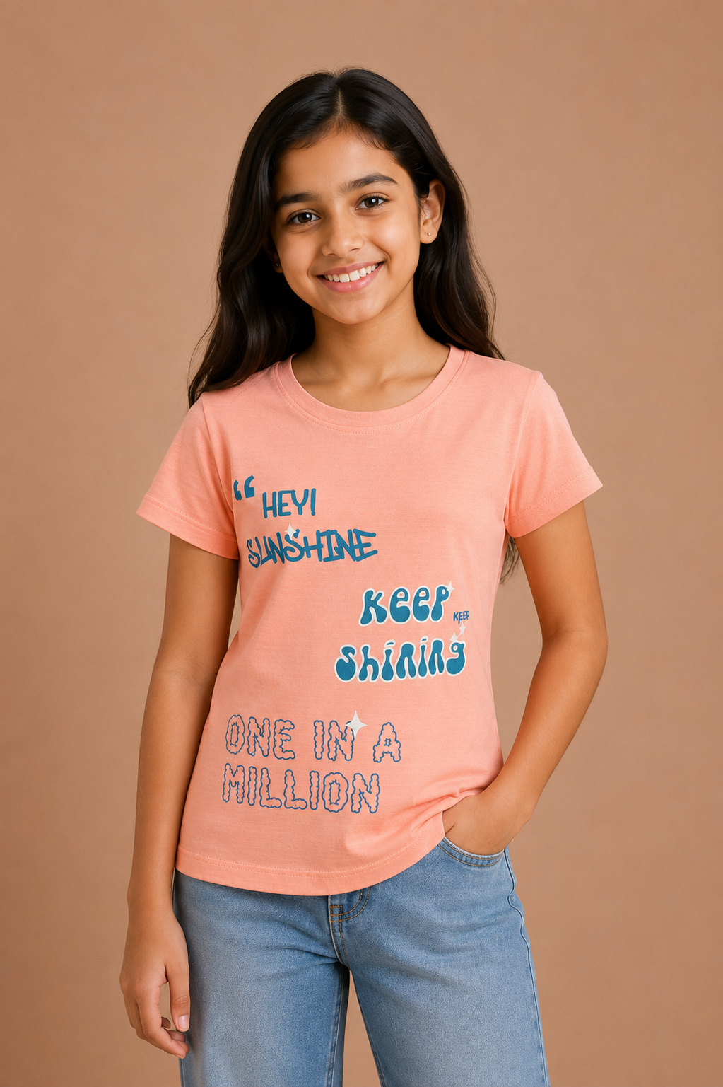 Girls Peach Cotton Round Neck Printed T-Shirt