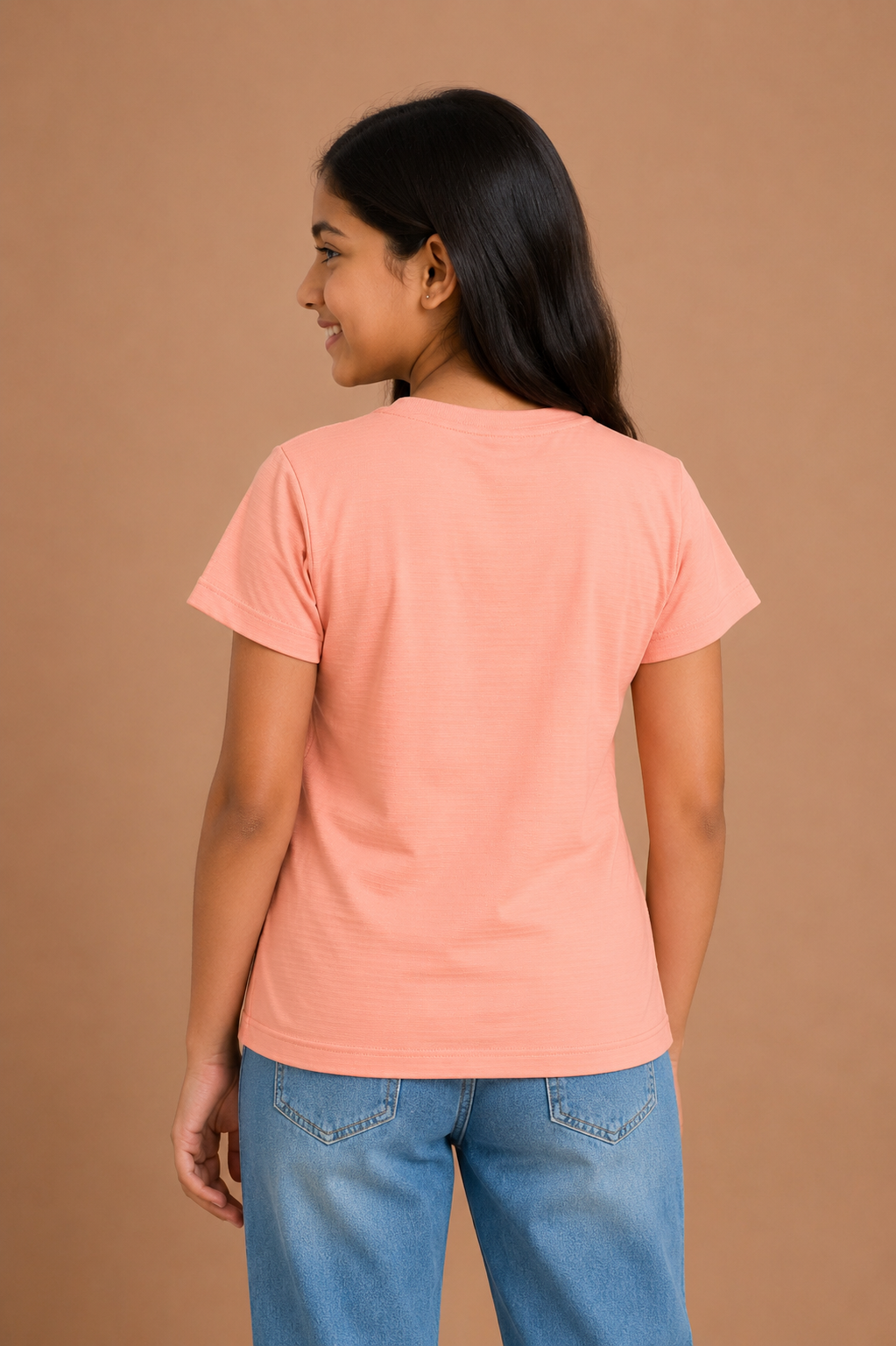Girls Peach Cotton Round Neck Printed T-Shirt