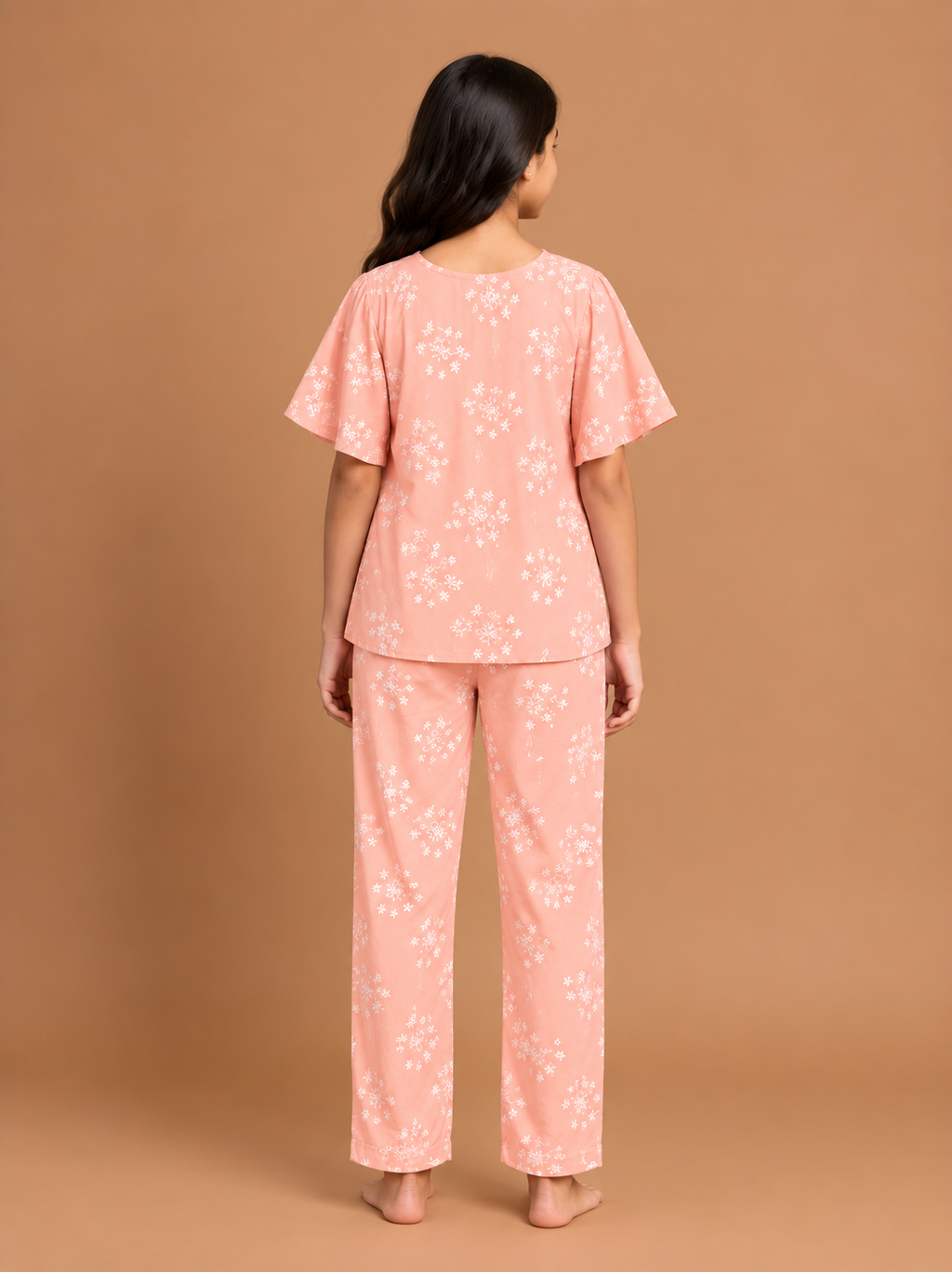 Girls Peach Top & Pyjama Night Dress Set