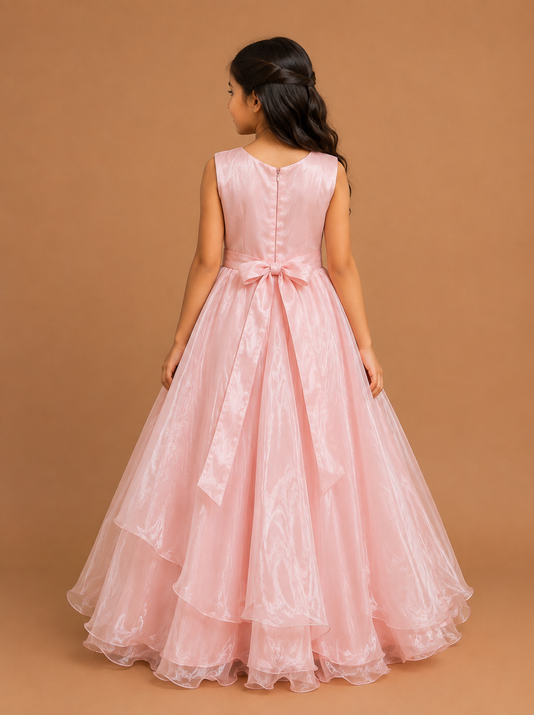 Girls Peach Party Wear Long Frock