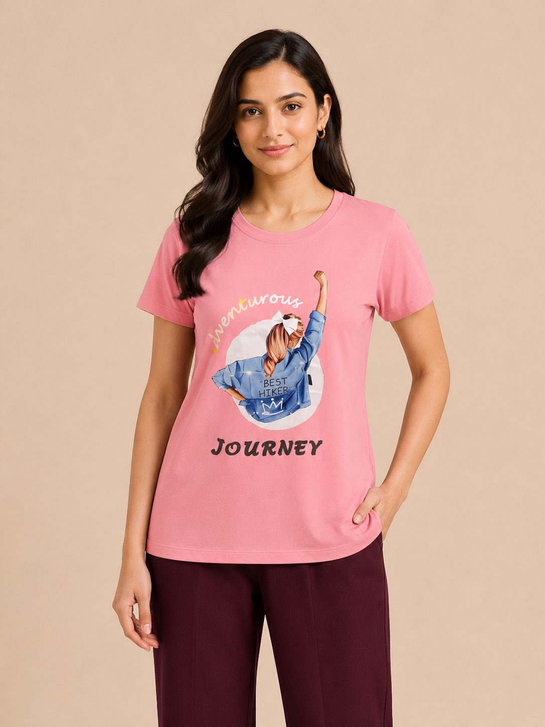 Women's Pink Cotton Solid Round Neck T-Shirt