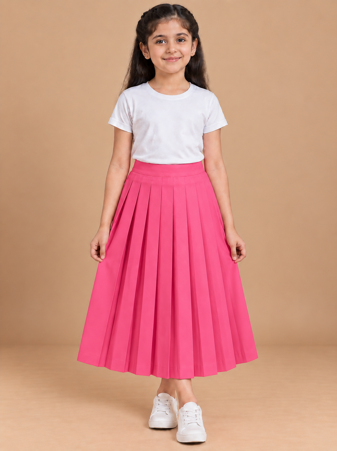 Girls Pink Pleated Regular Fit Casual Skirt