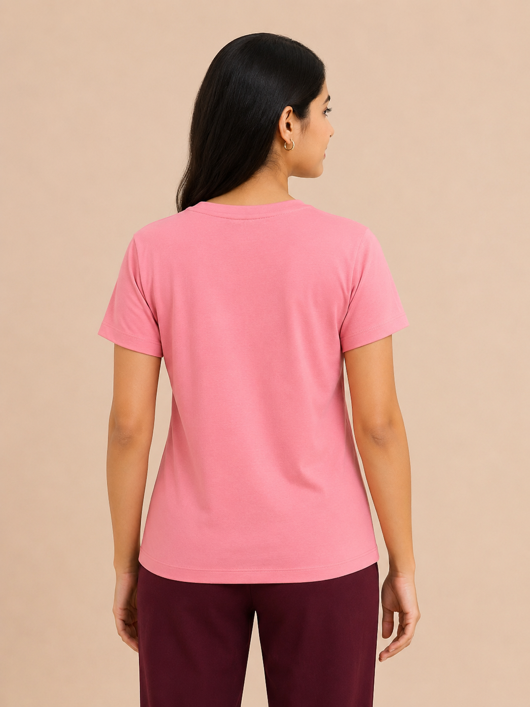 Women's Pink Cotton Solid Round Neck T-Shirt