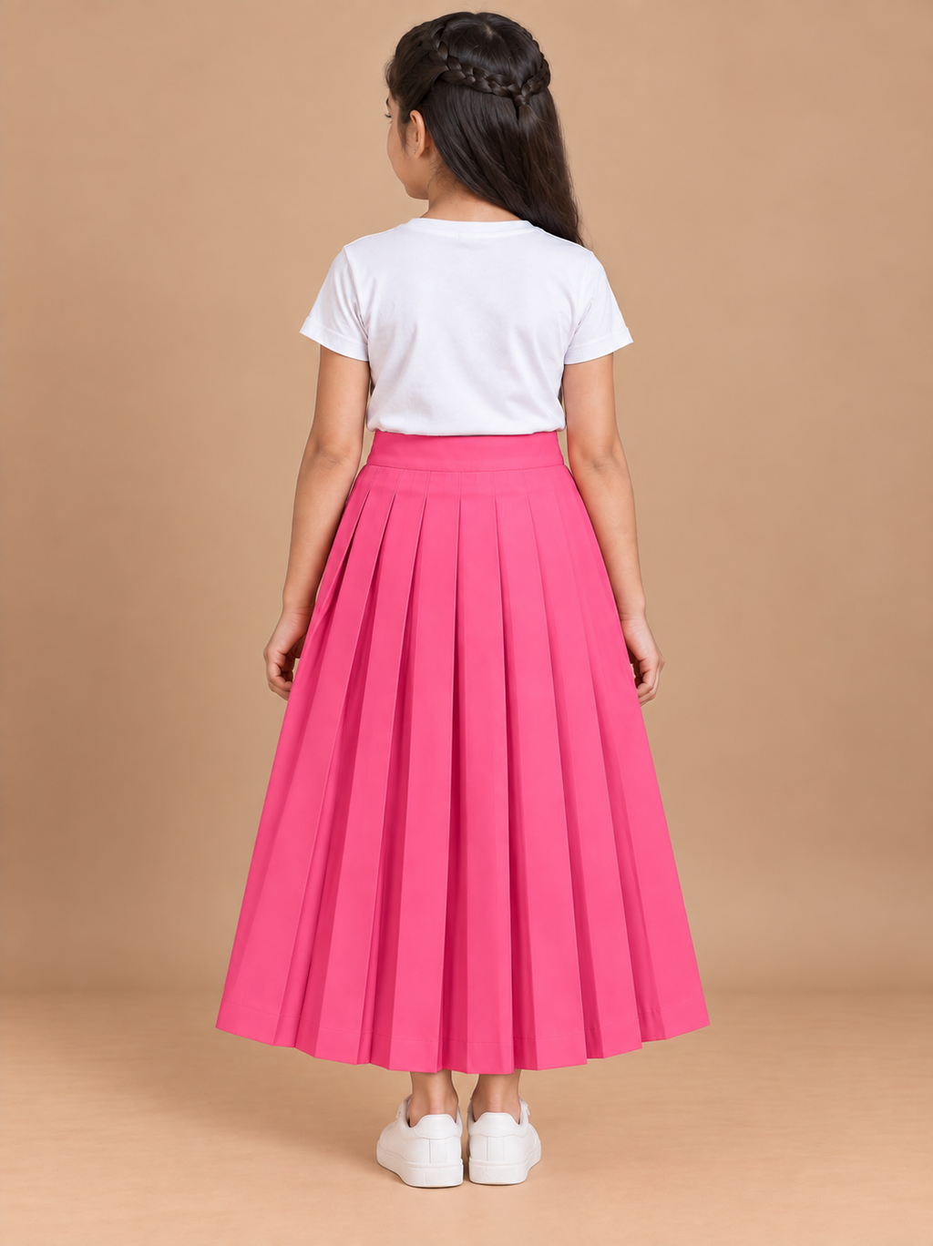 Girls Pink Pleated Regular Fit Casual Skirt