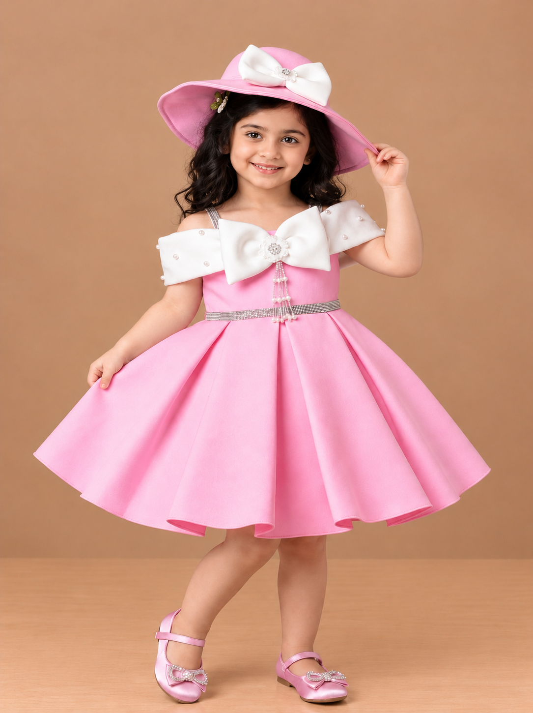 Girls Pink Party Frock with Pearl Work and Cap