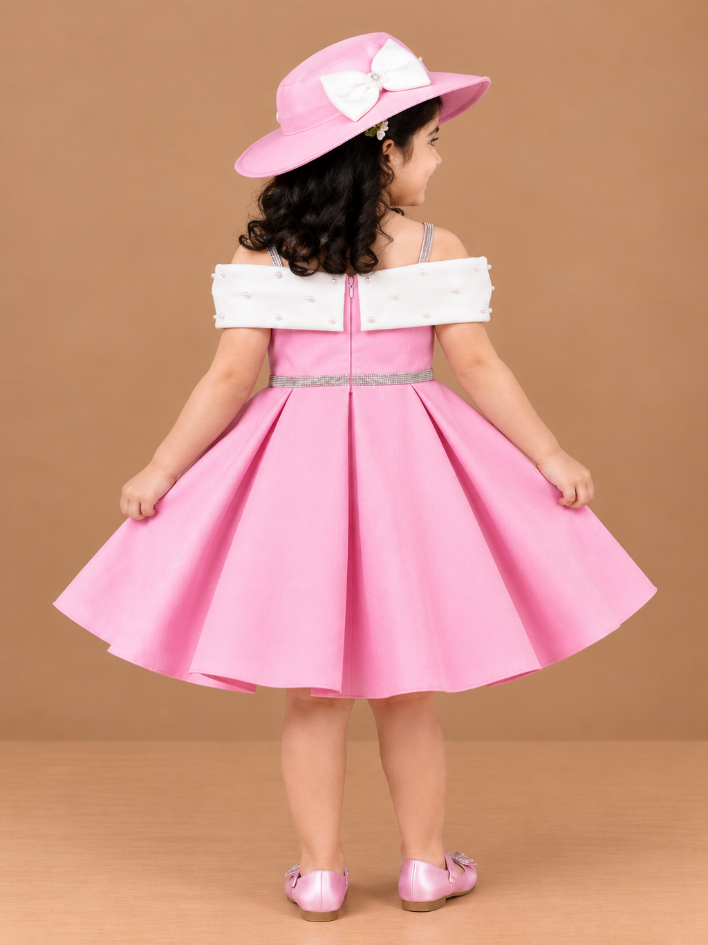 Girls Pink Party Frock with Pearl Work and Cap