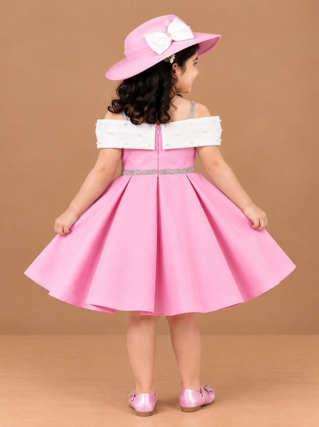 Girls Pink Party Frock with Pearl Work and Cap