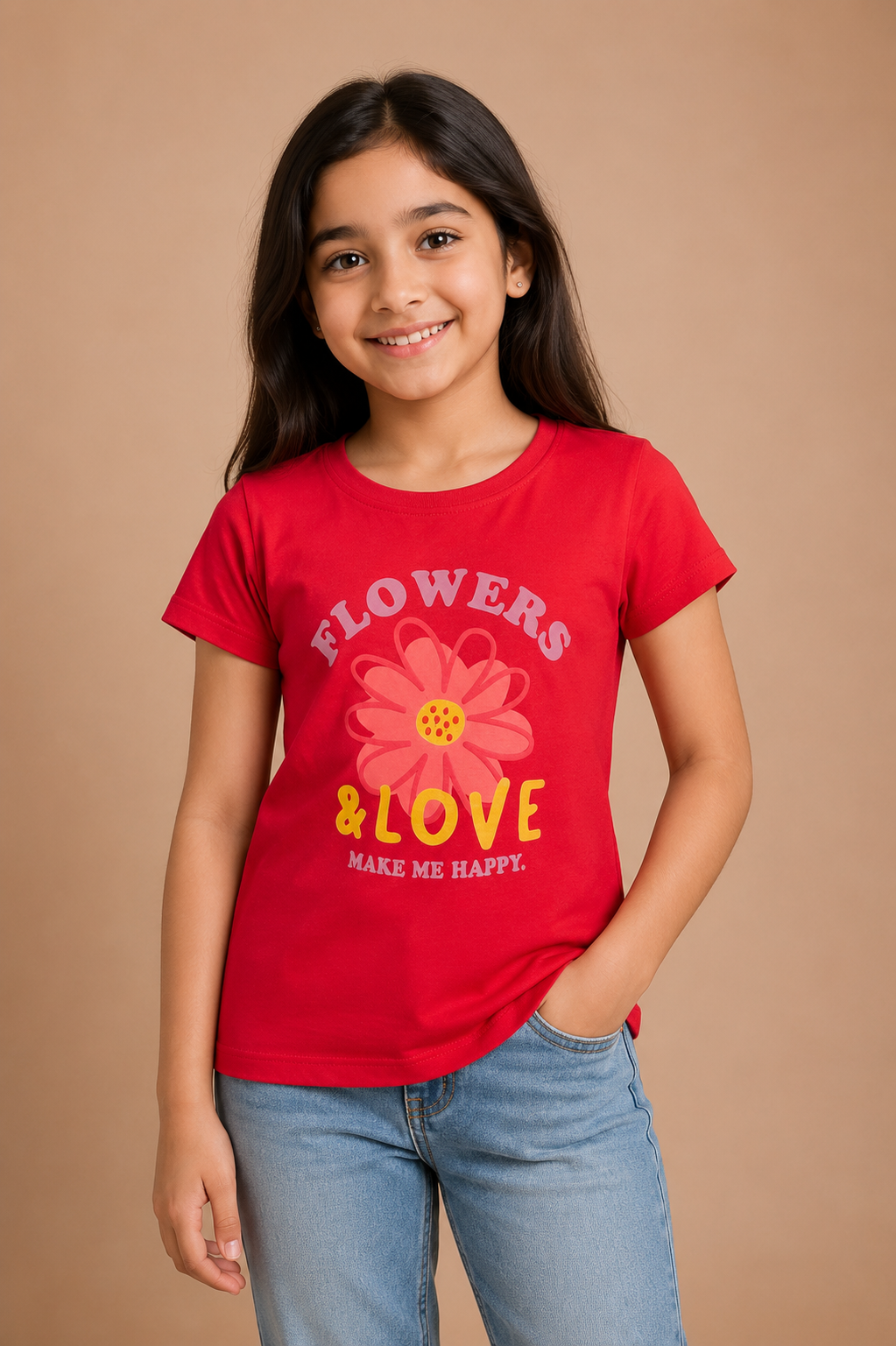 Girls Red Cotton Round Neck Printed T-Shirt