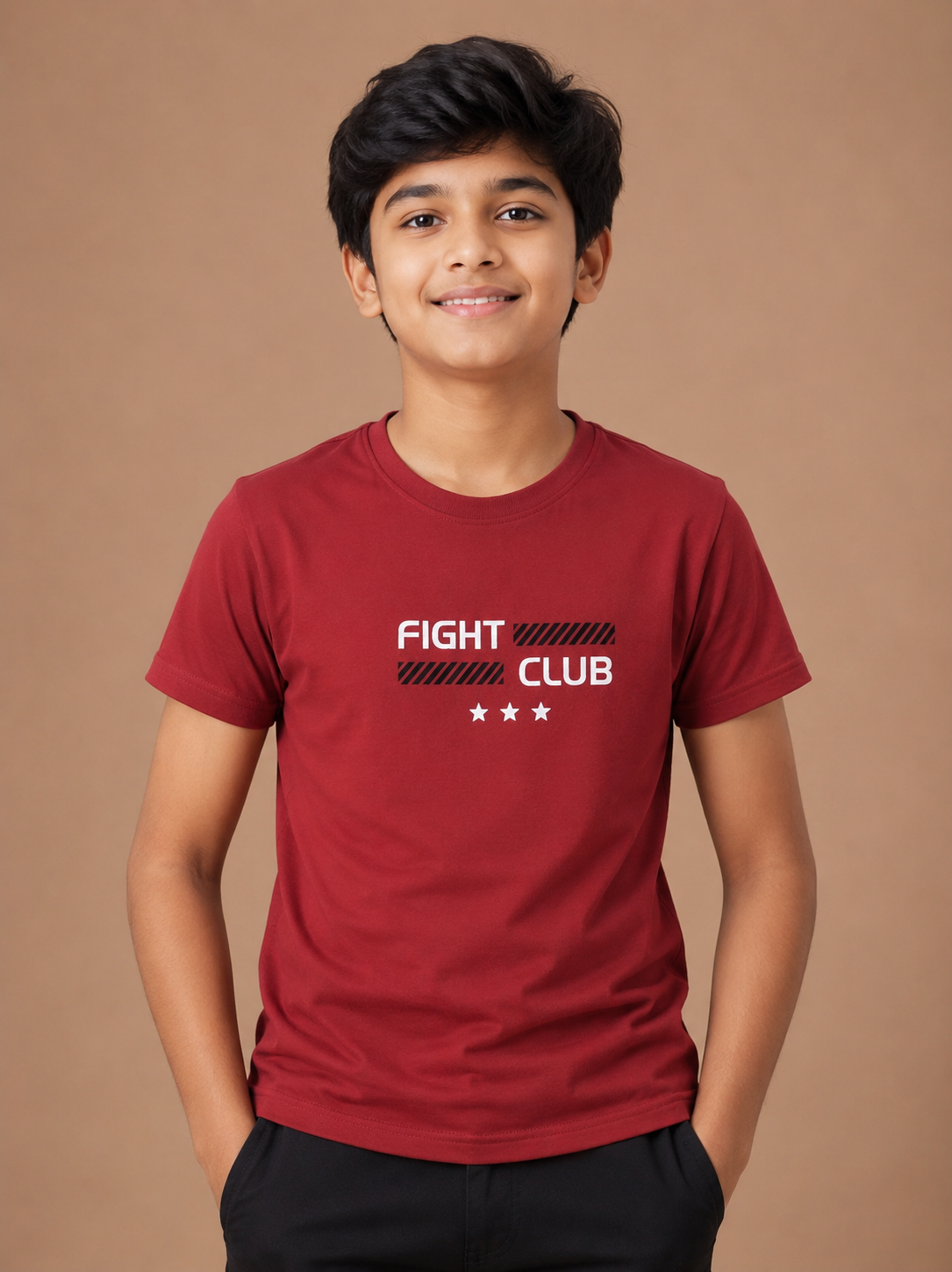 Boys Red Cotton Round Neck Printed T-Shirt