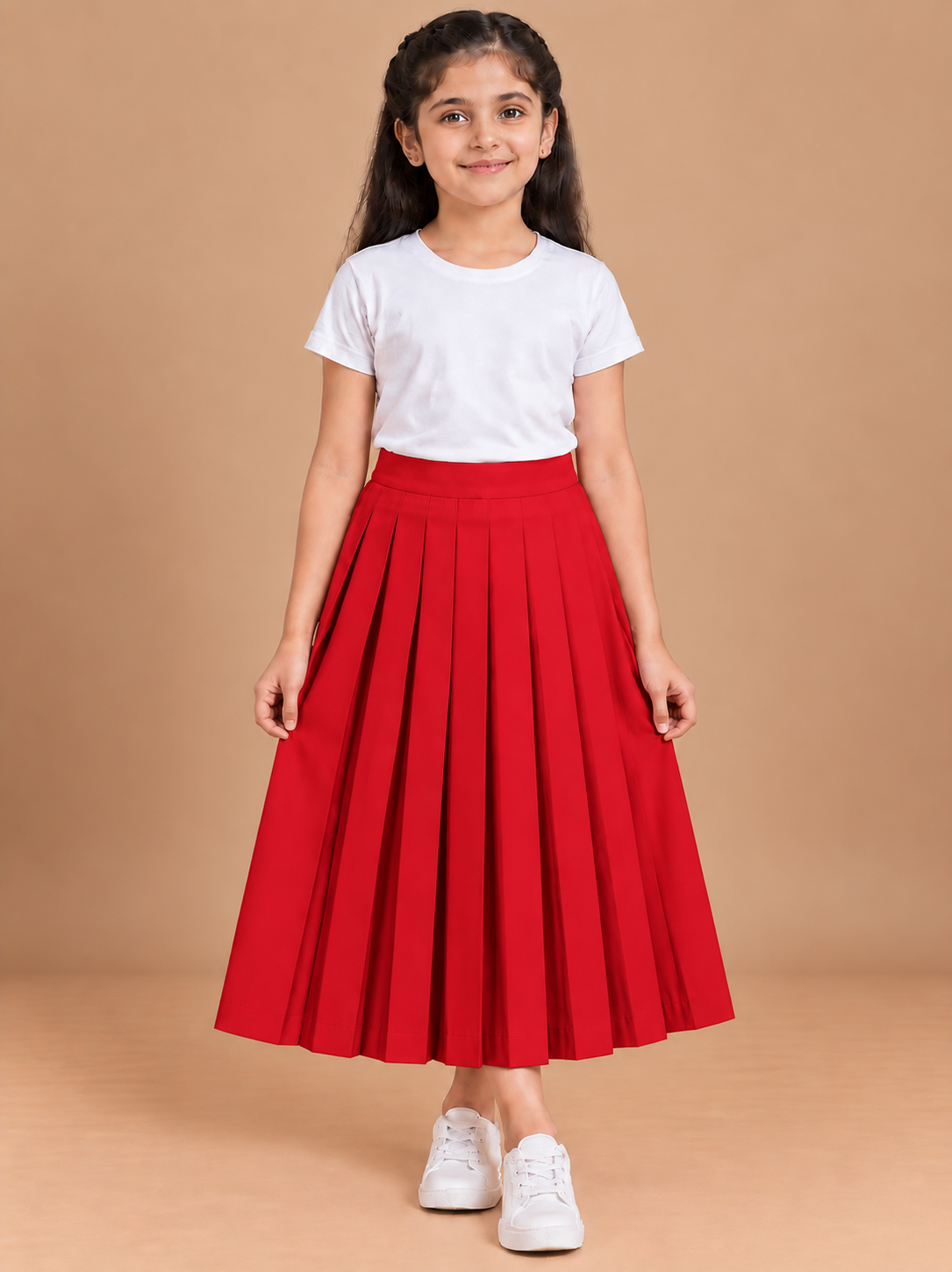 Girls Red Pleated Regular Fit Casual Skirt