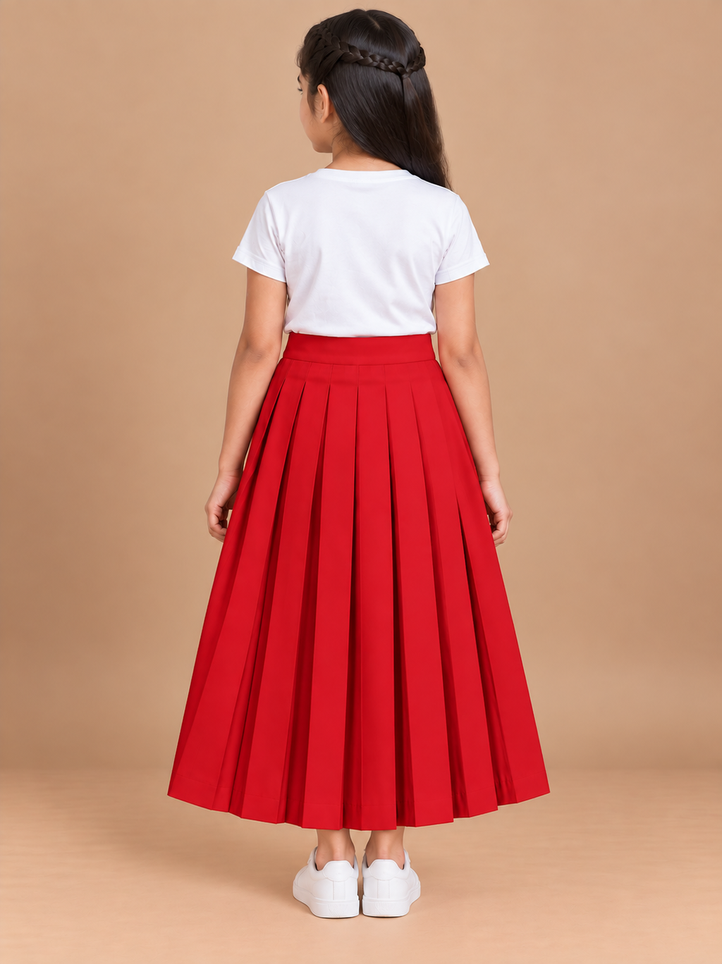 Girls Red Pleated Regular Fit Casual Skirt
