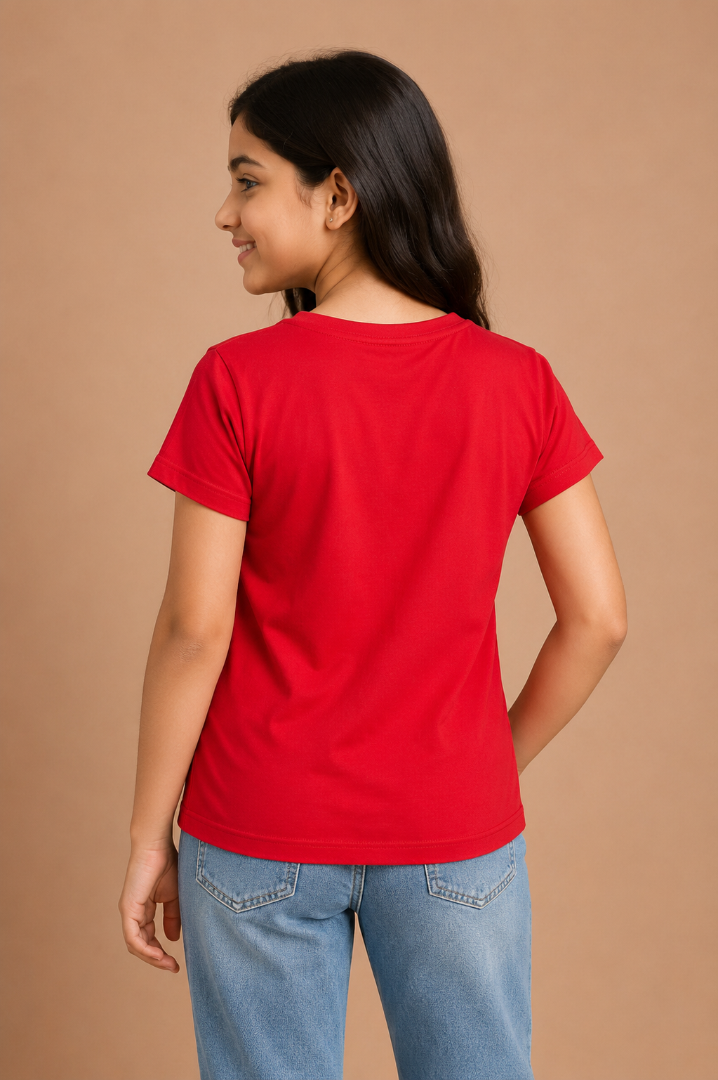 Girls Red Cotton Round Neck Printed T-Shirt
