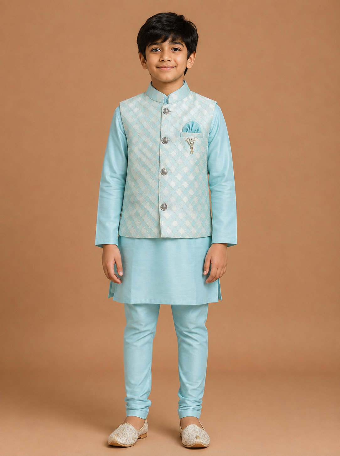 Boys Sky Blue Cotton Kurta Pajama Baba Suit
