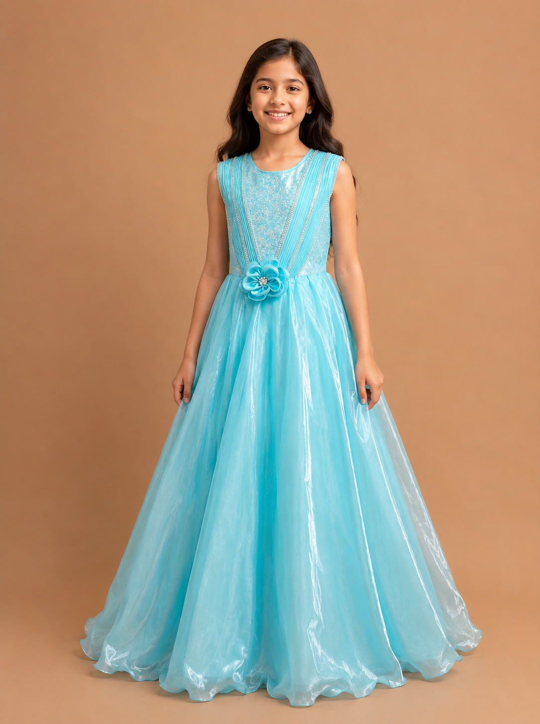 Girls Sky Blue Party Wear Long Frock