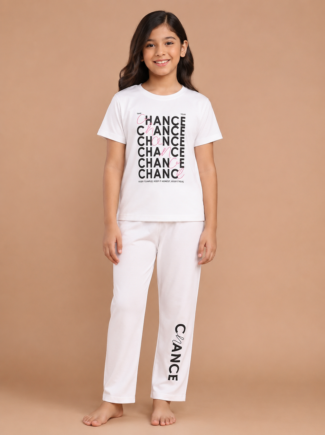 Girls White Top & Pyjama Night Dress Set
