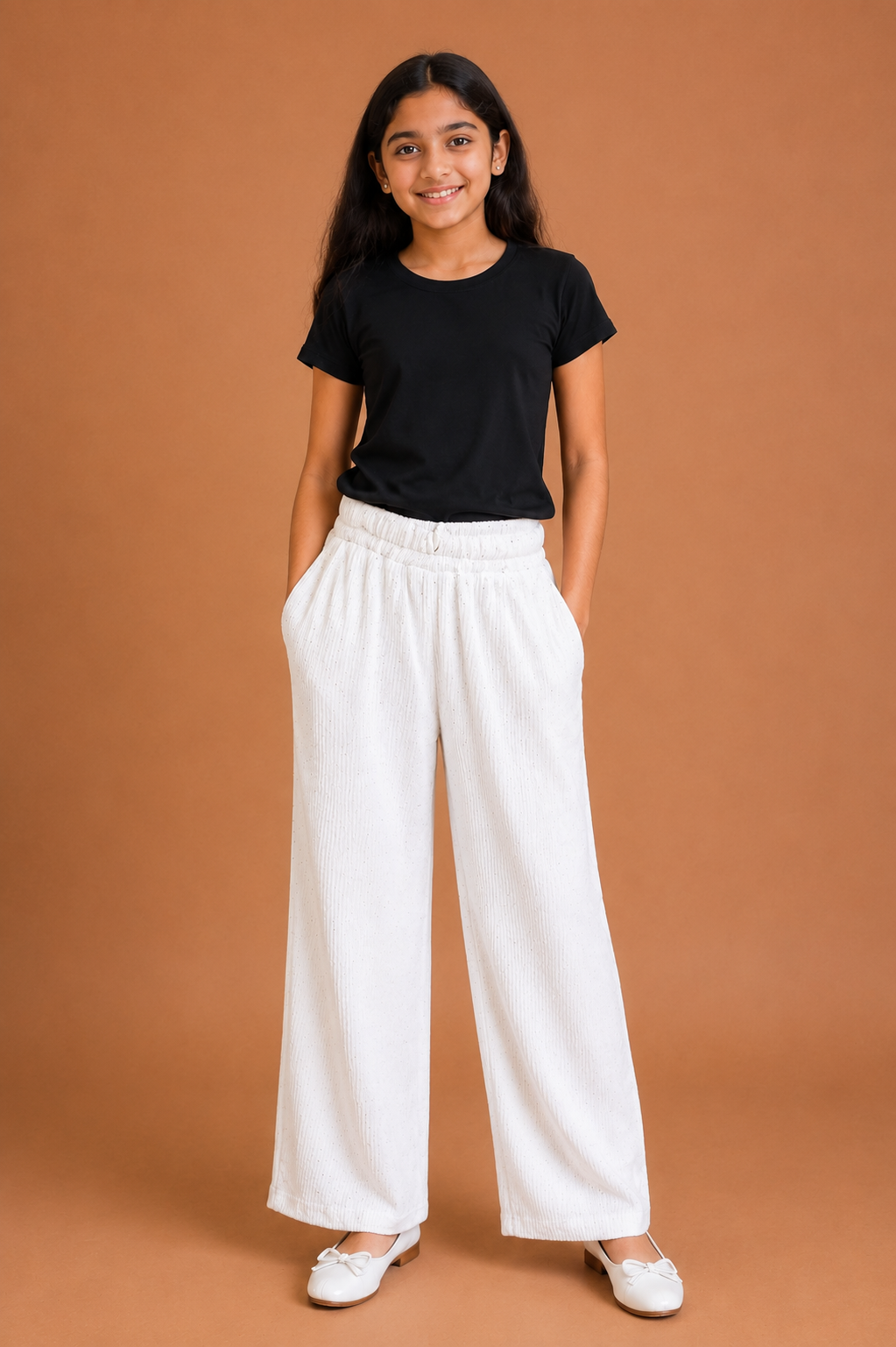 Girls White Cotton Relaxed Fit Palazzo Pant