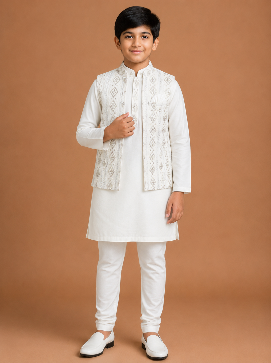 Boys White Cotton Kurta Pajama Baba Suit