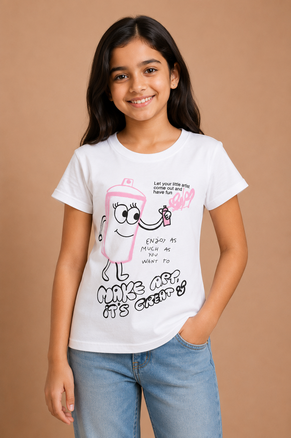 Girls White Cotton Round Neck Printed T-Shirt