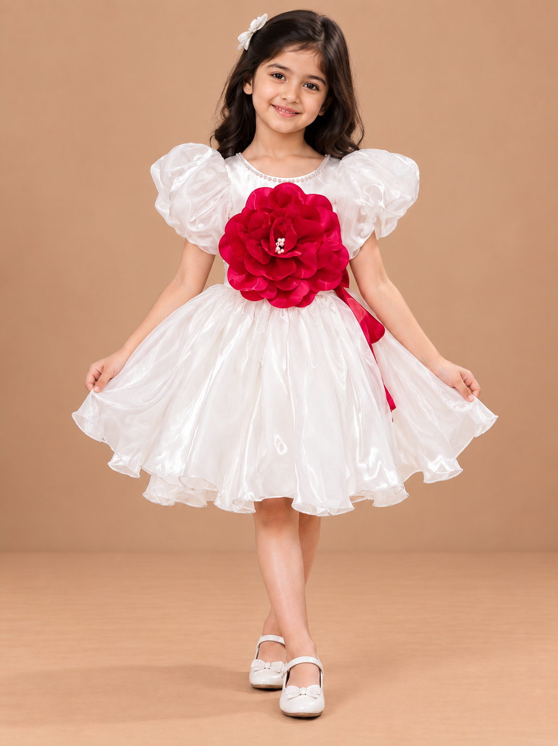 Girls White Printed Short Casual Frock