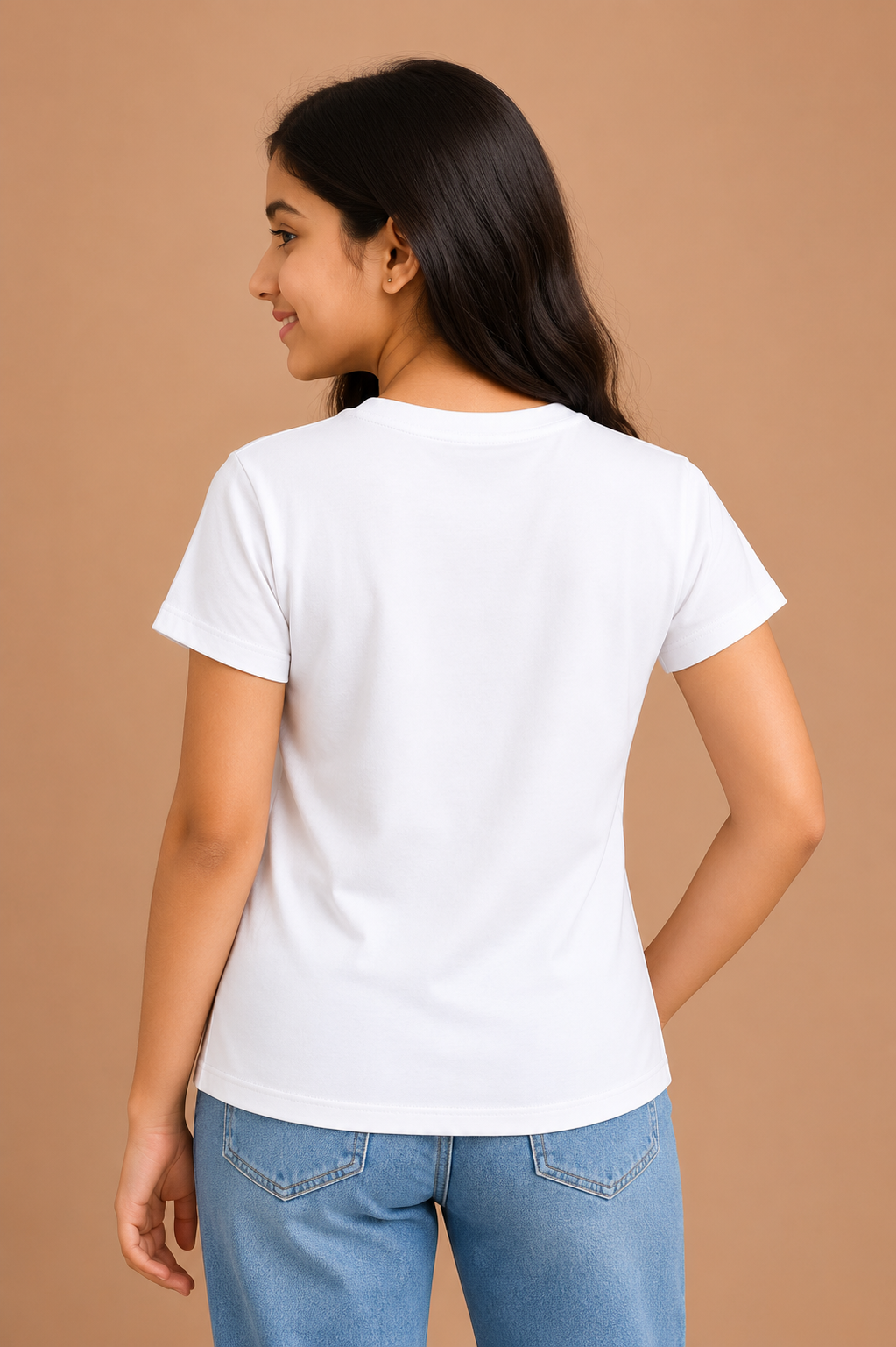 Girls White Cotton Round Neck Printed T-Shirt