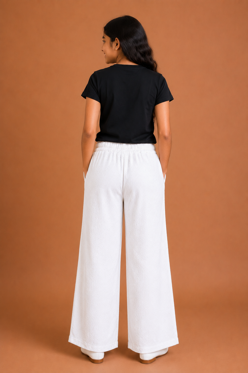 Girls White Cotton Relaxed Fit Palazzo Pant