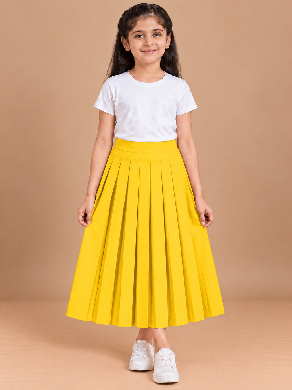 Girls Yellow Pleated Regular Fit Casual Skirt