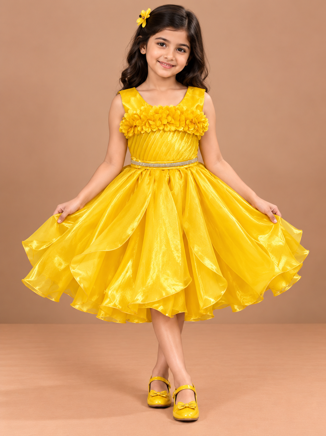 Girls Yellow Printed Short Casual Frock