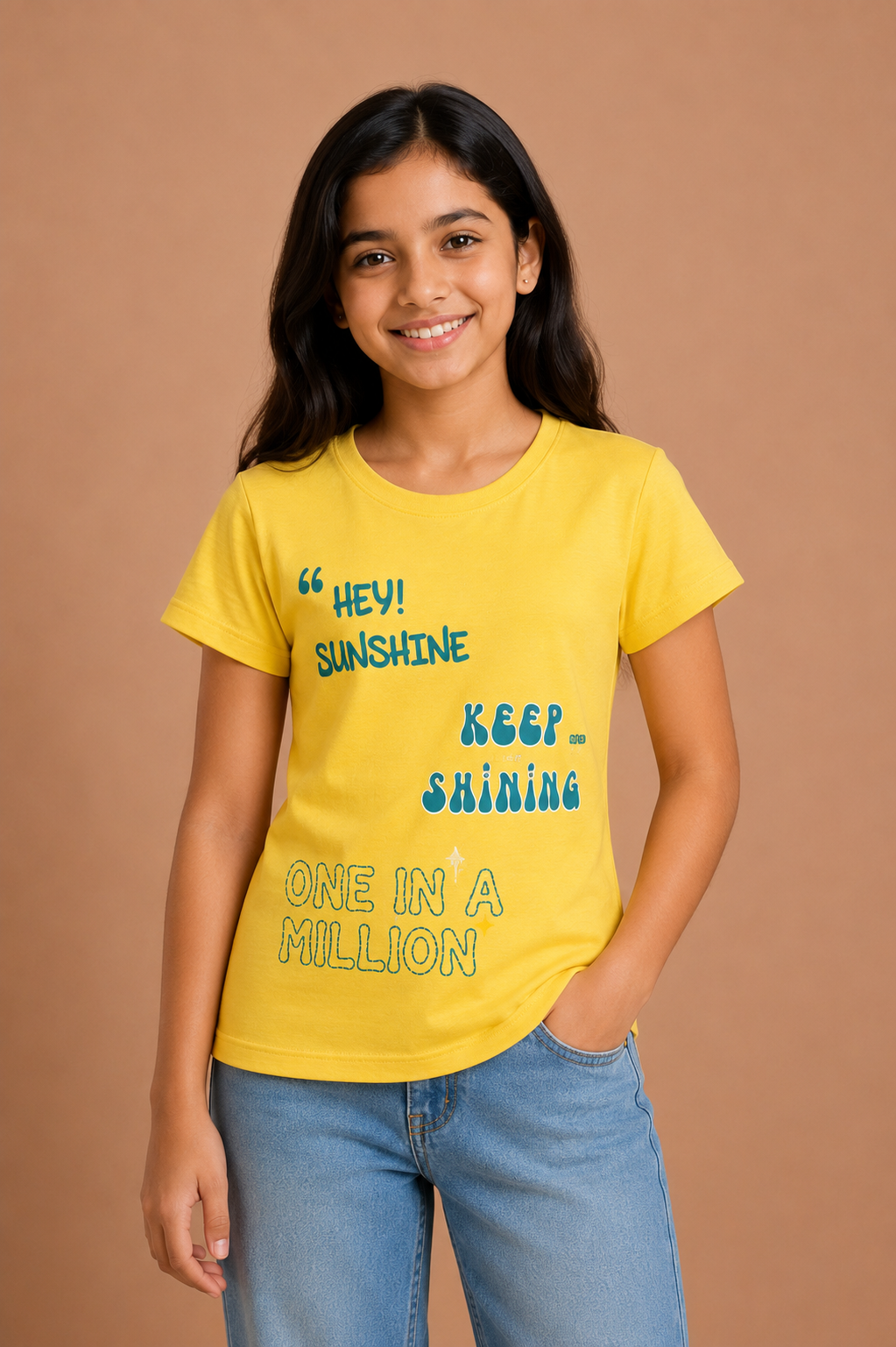 Girls Yellow Cotton Round Neck Printed T-Shirt