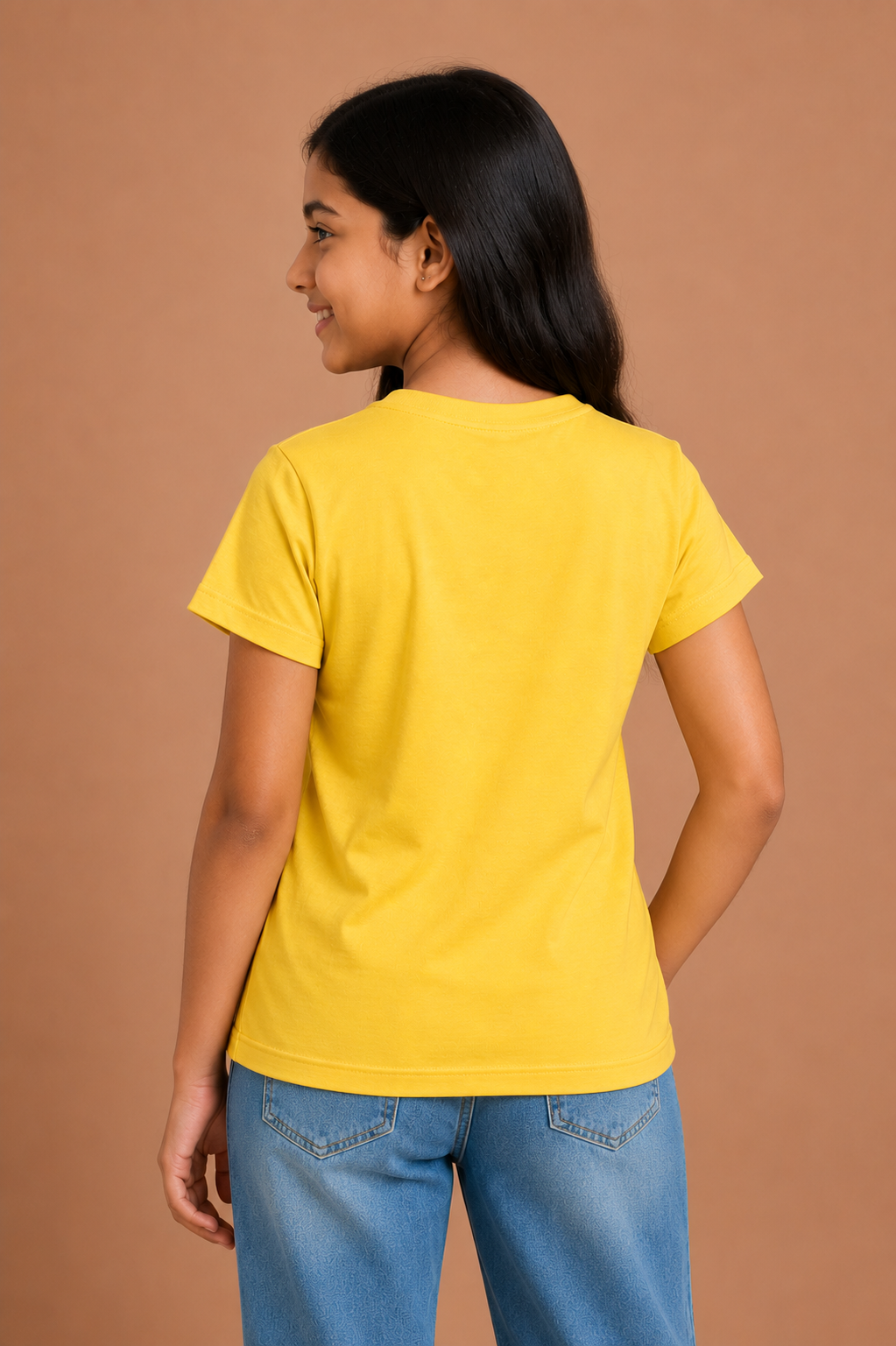 Girls Yellow Cotton Round Neck Printed T-Shirt