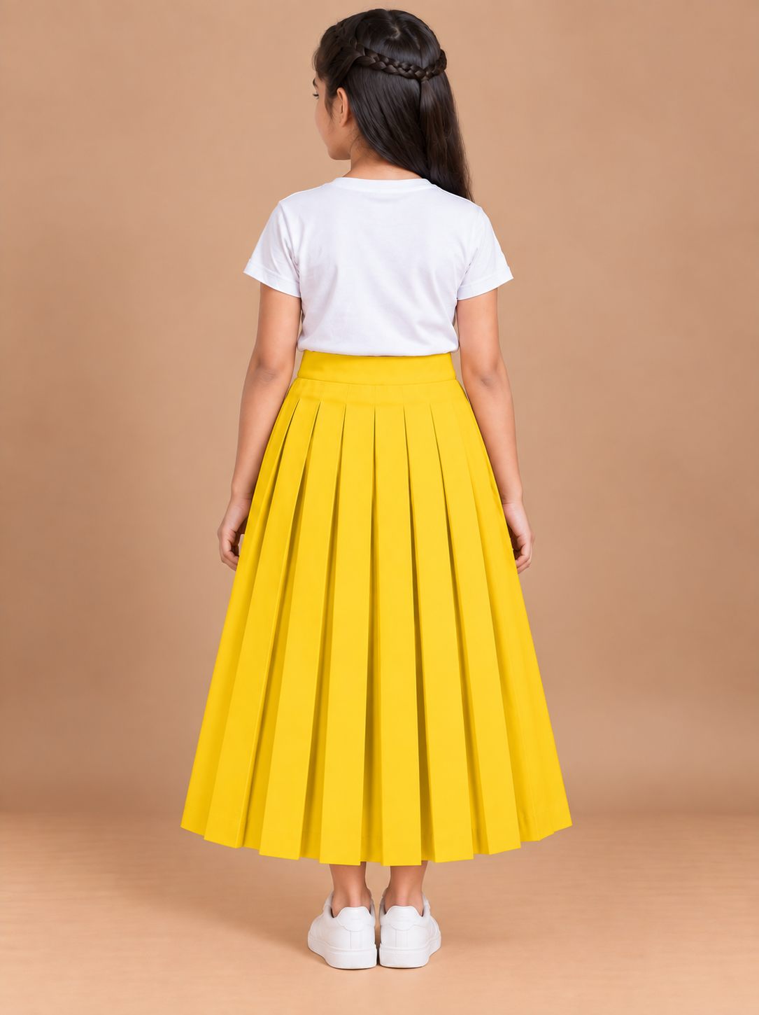 Girls Yellow Pleated Regular Fit Casual Skirt